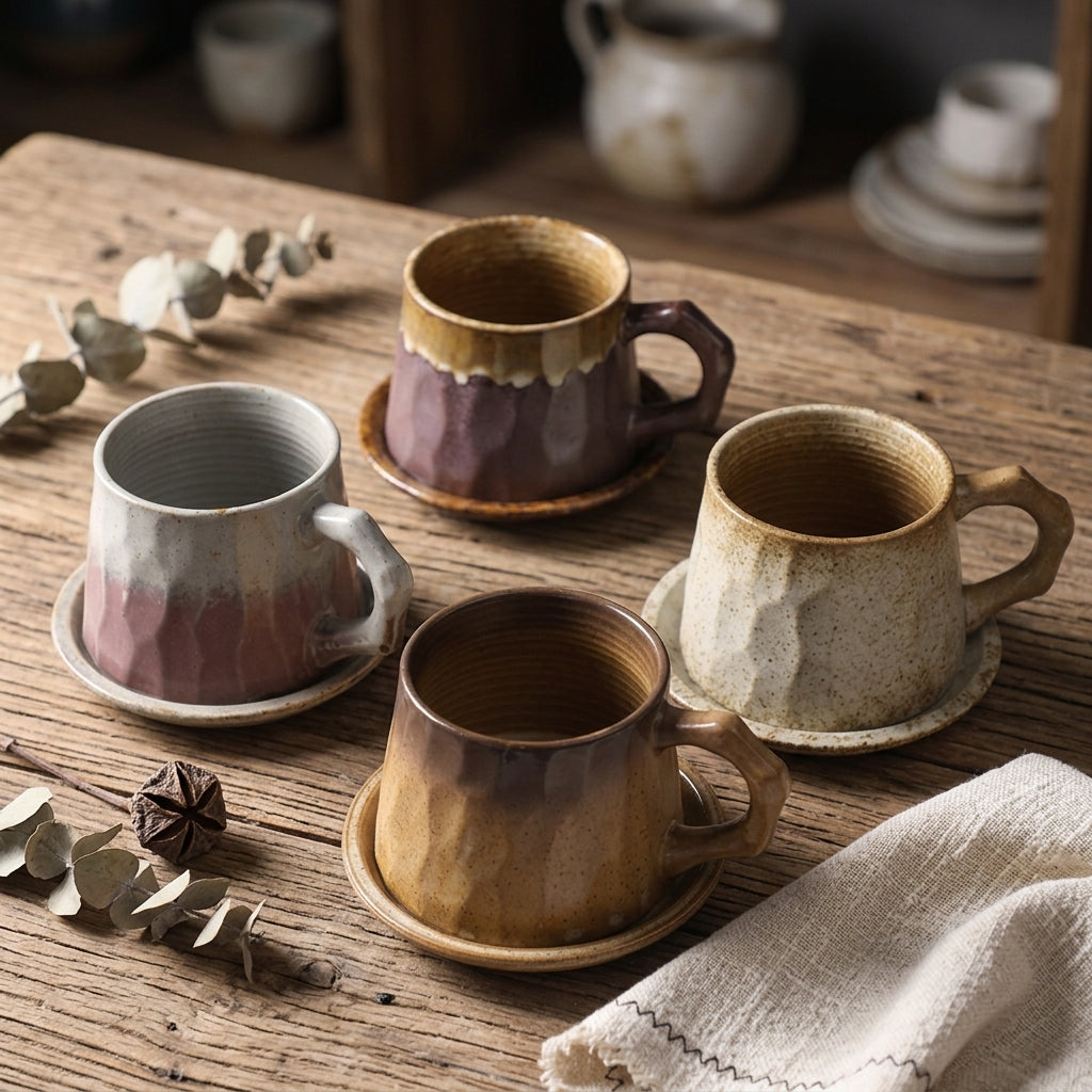 Japanese Retro Ceramic Coffee Cup & Saucer Set, Rough Pottery Gift