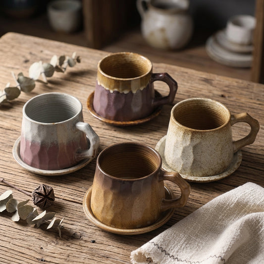 Japanese Retro Ceramic Coffee Cup & Saucer Set, Rough Pottery Gift