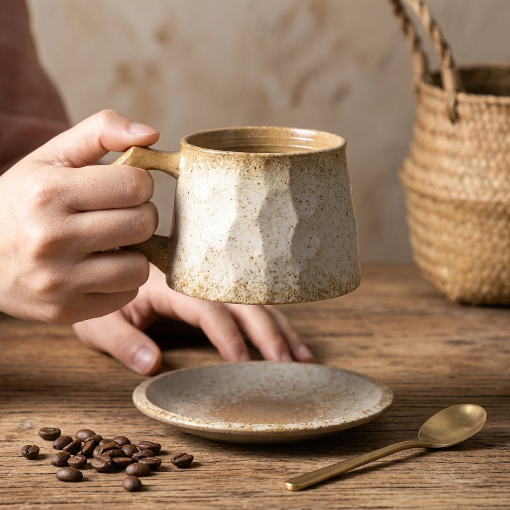 Japanese Retro Ceramic Coffee Cup & Saucer Set, Rough Pottery Gift