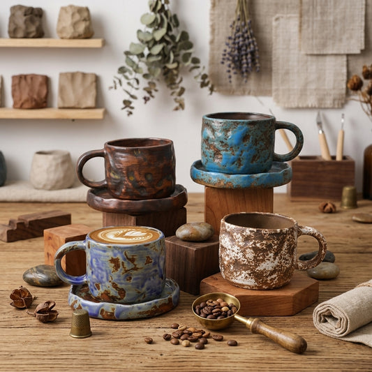 Japanese Style Retro Rough Pottery Coffee Cup & Saucer Set